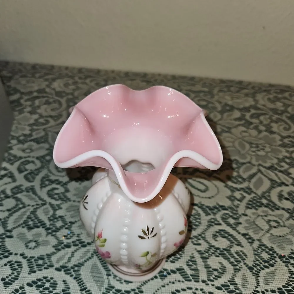 Fenton Rosalene Charleton Collection Hand Painted Beaded Melon Vase